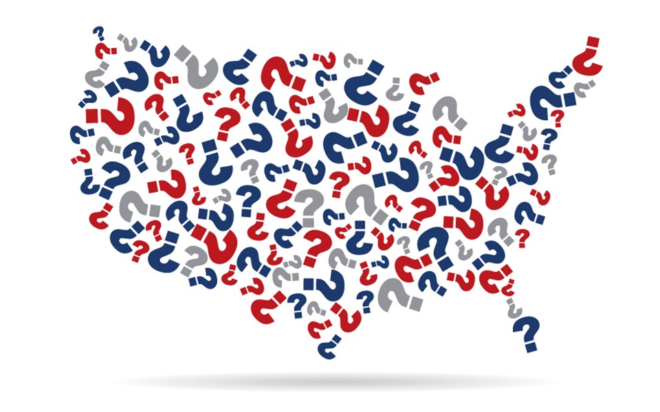 Red, blue and gray question marks make up a map of the contiguous United States.