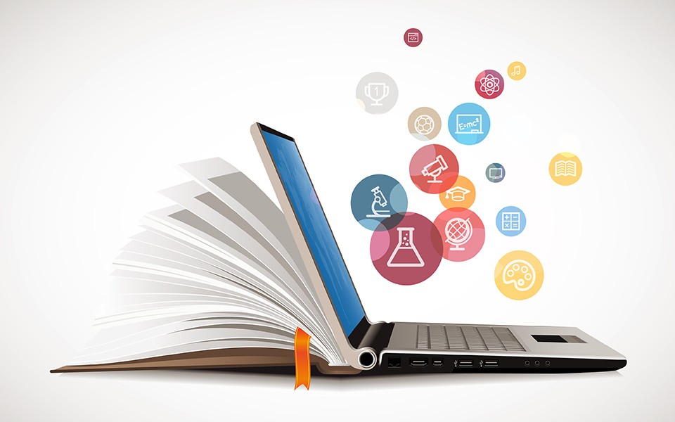 Photo illustration of a book merging into a laptop to represent online learning