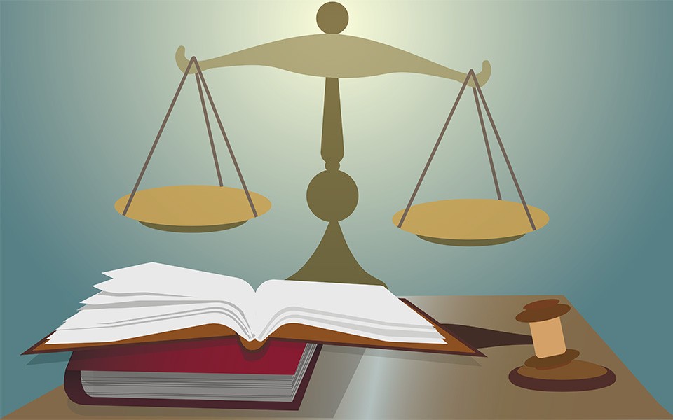 Illustration depicting the scales of justice, a judge's gavel and law books