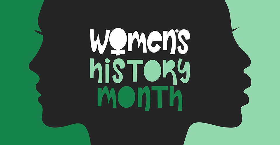 Women's silhouettes in profile and "Women's History Month" in green type