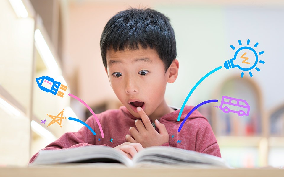 Photo illustration of child reading a book with a surprised look, and icons jumping off of the pages