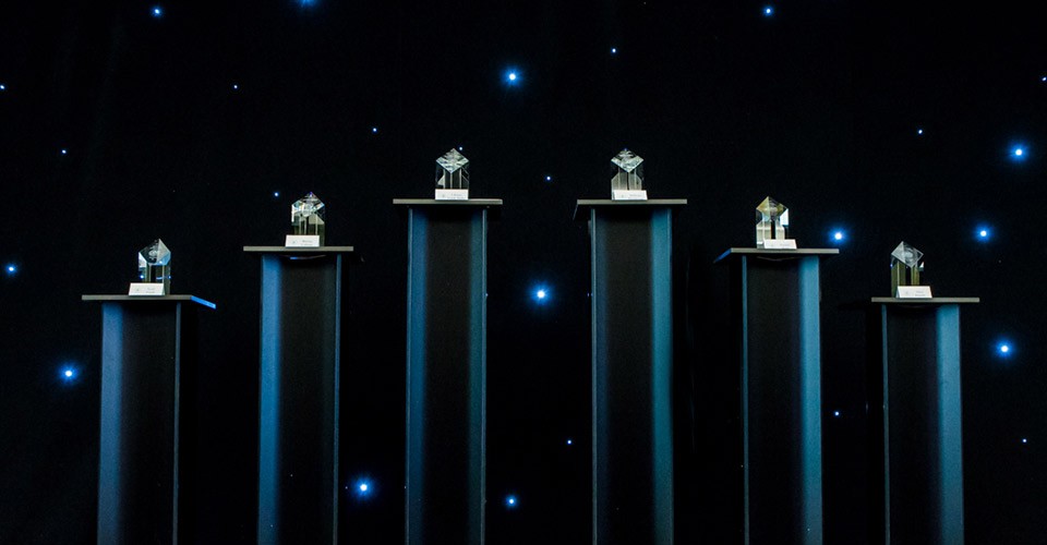 Alumni awards statuettes on pedestals