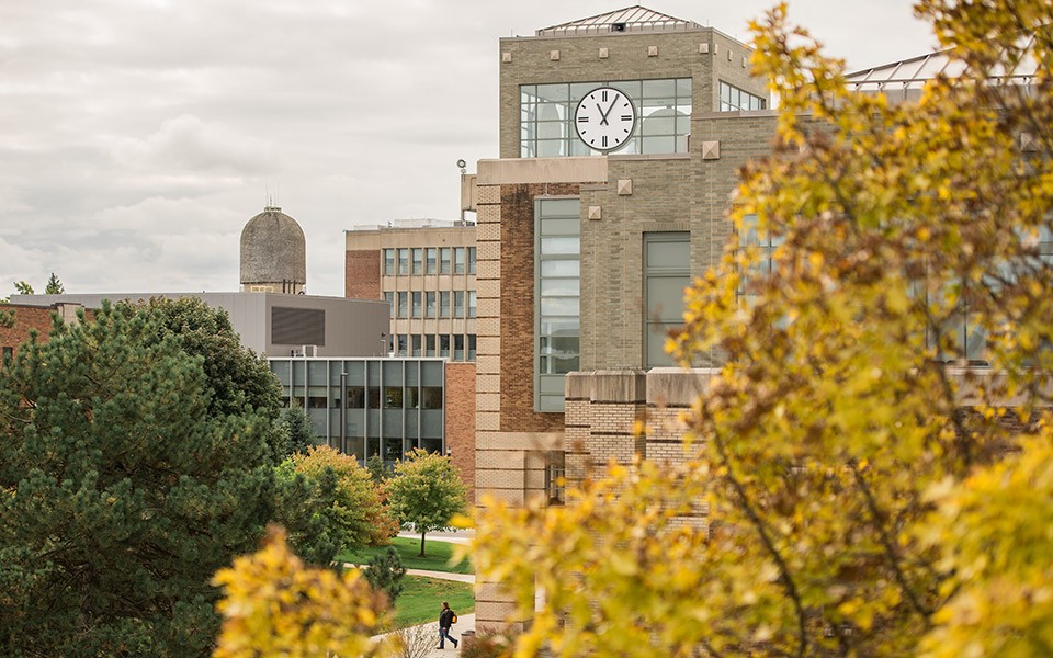 A view of the Halle Library clock tower, the Science Center and Ypsilanti Water Tower in the distance seen through golden fall leaves.