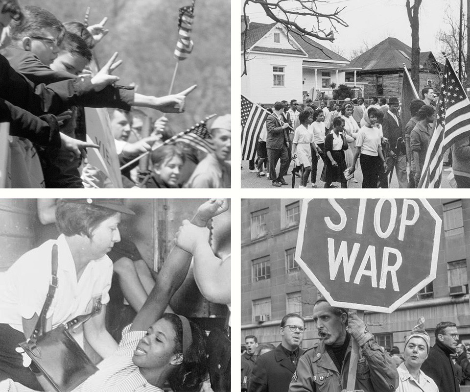 This grid of four black-and-white images from the 1960s includes a civil rights march, anti-war protests and clashes with police.