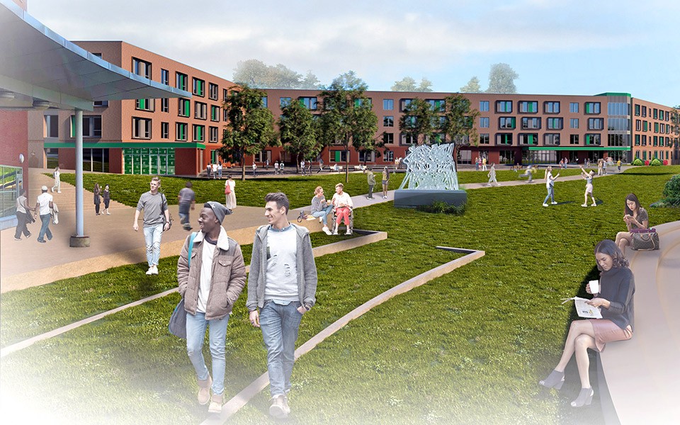 Architectural rendering of the residence hall showing an exterior view