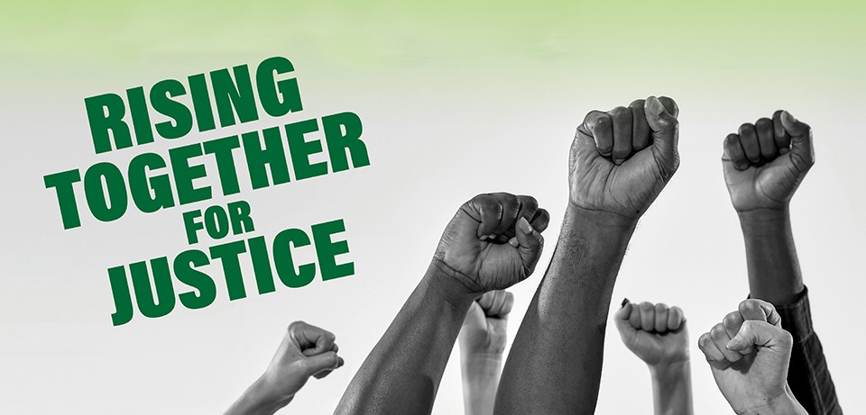 "Rising Together for Justice" graphic with black and white photo of raised fists