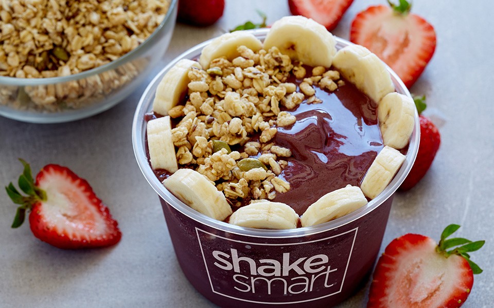 The organic acai bowl at Shake Smart includes healthy fruits, nuts and grains.
