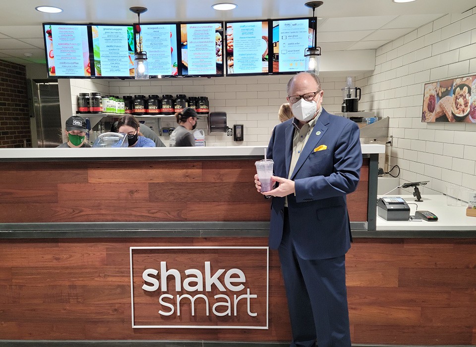 President Smith enjoys a healthy treat at the new Shake Smart now open inside the Rec/IM.