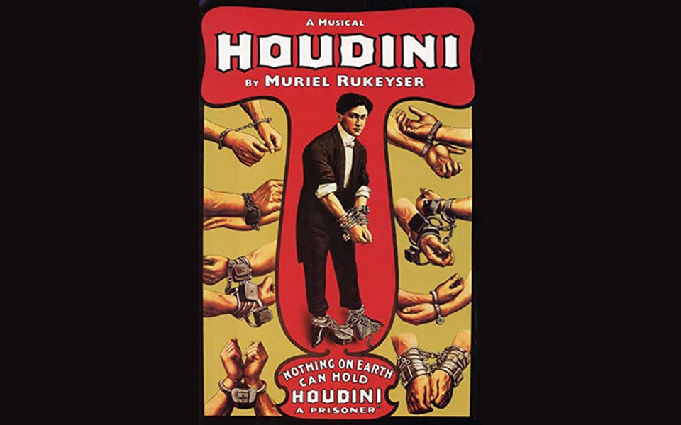 Vintage illustration for the Houdini musical showing him in shackles and chained hands all around.