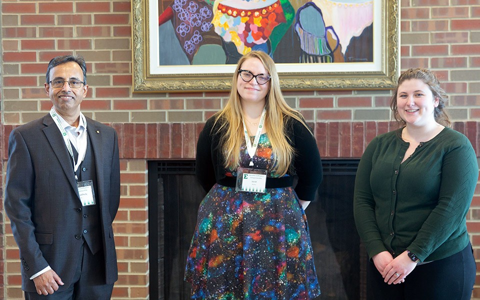 Sarah Beatty, center, is pictured with Sanjib Chowdhury, director of the Center for Entrepreneurship and Chloe Desselles, EMU's Center for Entrepreneurship communication coordinator.