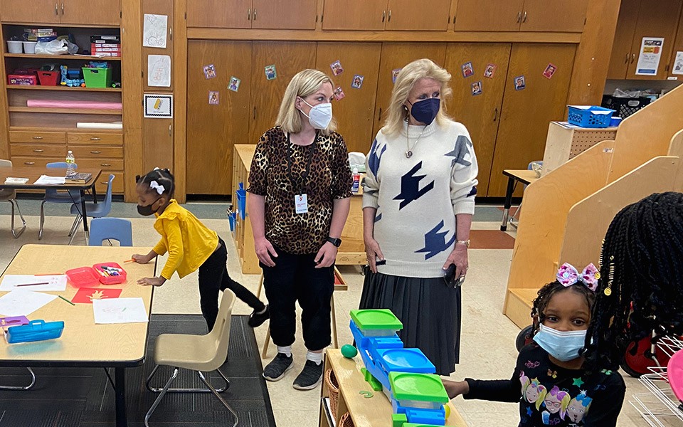 Debbie Dingell (right, with black mask) at EMU's Collaborative Child Development Center