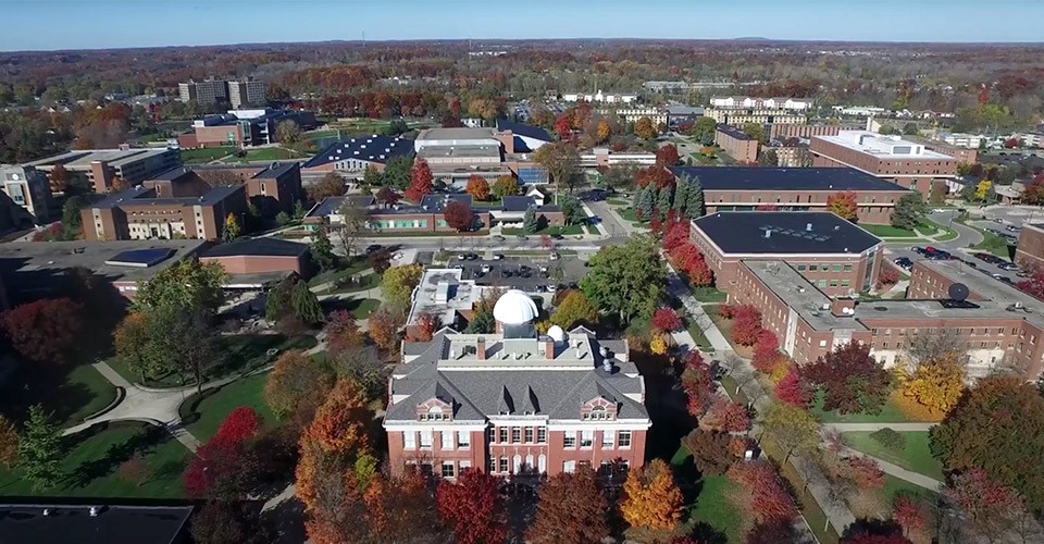 An aerial view of campus in the fall