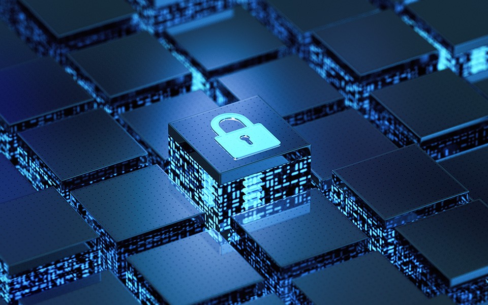 photo illustration of computer circuitry and a brightly lit padlock icon