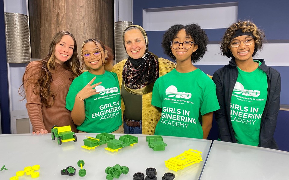 Bia Hamed, center, with young women on the set of "The Future of Me" women in STEM TV show.