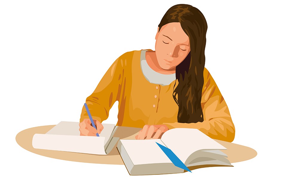 An illustration of a woman dressed in orange studying with books at a table.