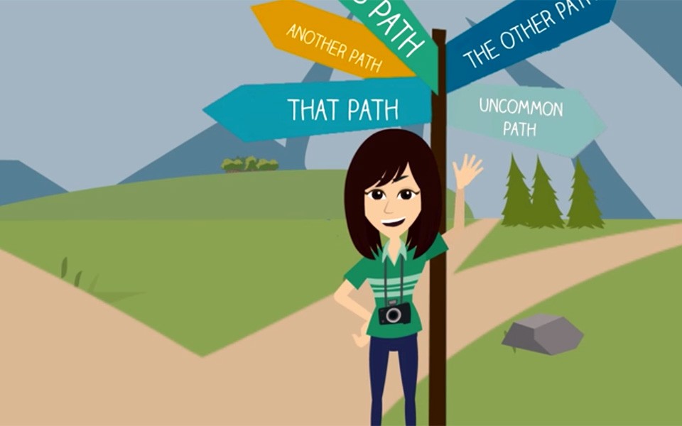 An animated mentor waves to her mentee in front of signs that point in all directions to different paths in life.