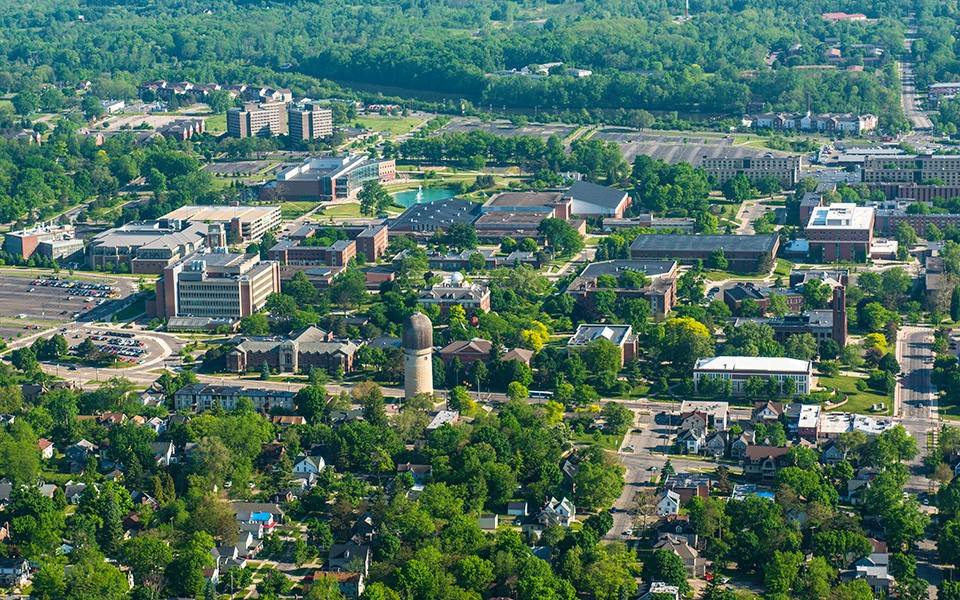 Aerial view of EMU's campus and surrounding area