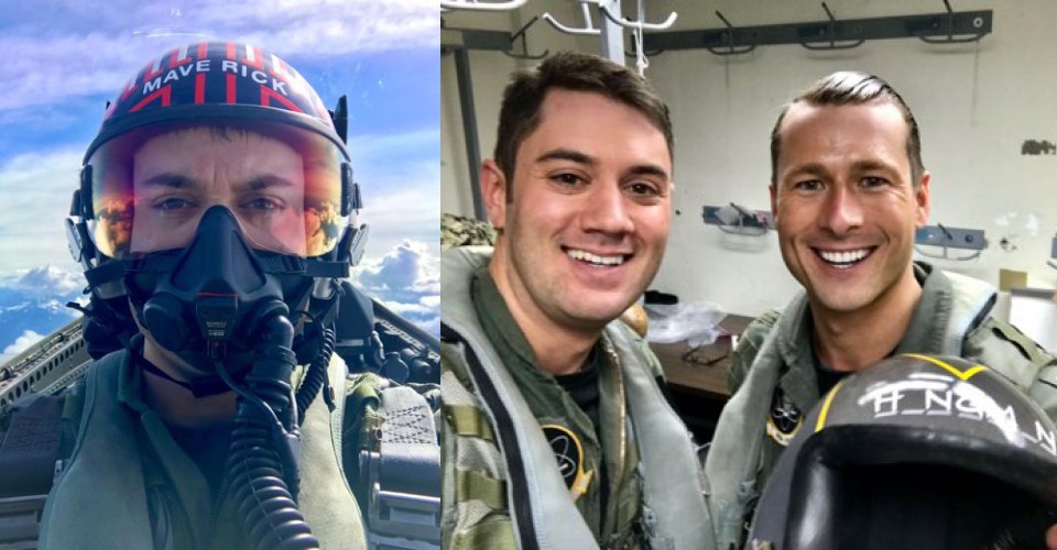 split screen of christian frasher in cockpit and with actor glen powell