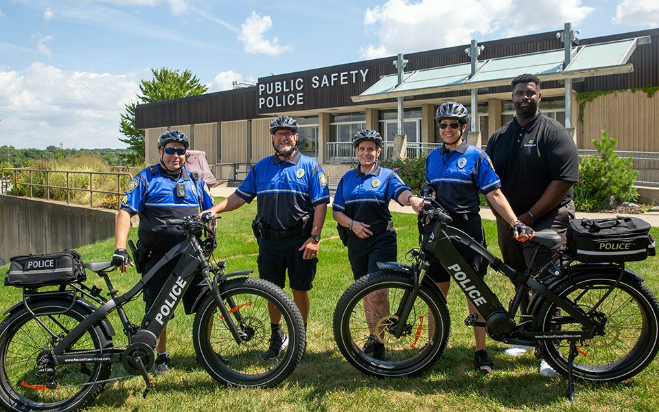 Pictured with the new e-bikes are, from left to right, Sergeant Joe Torres, Chief Matthew Lige, Lieutenant Diana Young, Officer Andrea Elliott and Khalid Walton.