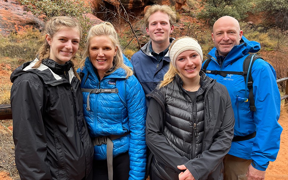 The Crumm family hiked in Utah in December 2021. From left: Evelynne, Michelle, Phillip, Isabelle, Aaron