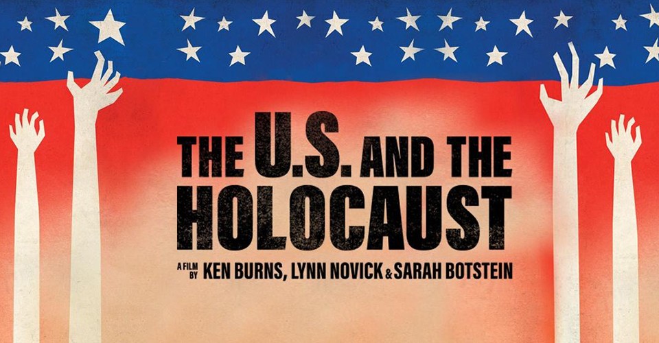 Hands reaching up toward stars on a weathered red and blue background form an American flag-like image in this graphic from the Holocaust documentary by Ken Burns.