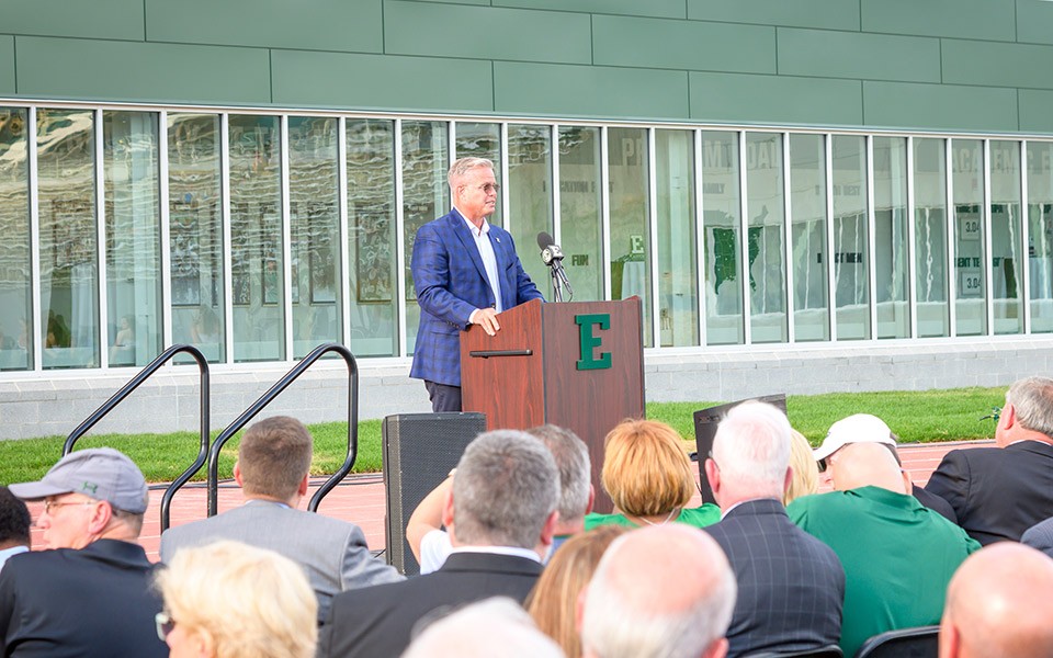 Michael Hawks speaks at the opening of the EMU Athletics Complex