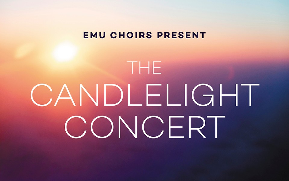 A colorful sunset radiates behind the Candlelight Concert text.