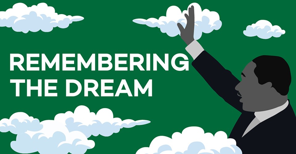 Minimal art illustration of MLK waving amid blue and white clouds on a green background.