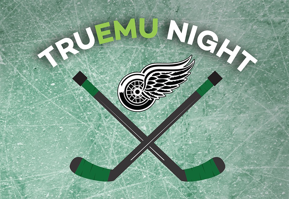 Crossed hockey sticks and the winged wheel logo of the Detroit Red Wings on an icy green background with the words TRUEMU Night