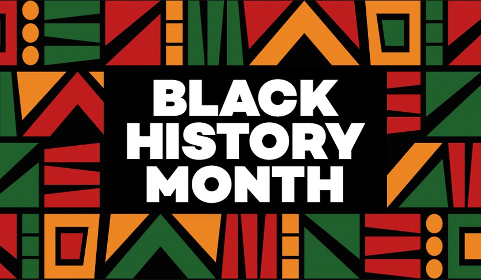 A colorful pattern resembling a Kente cloth is the background for Black History Month lettering