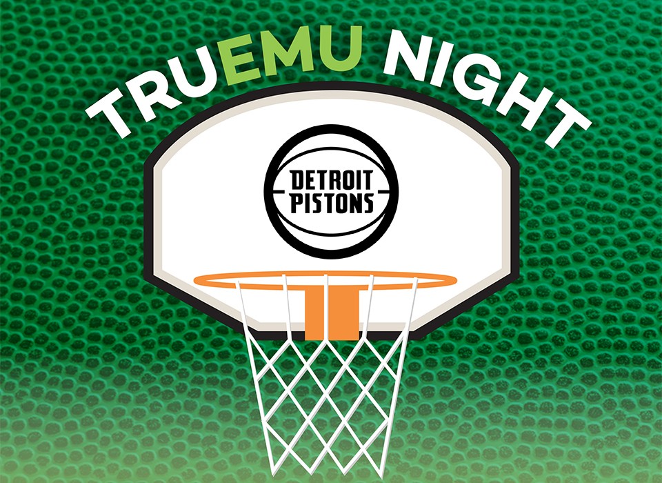 TRUEMU Night flyer artwork with basketball net and green textured background and Pistons logo.