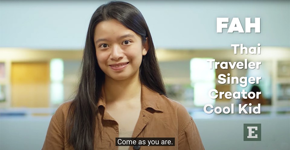 A screenshot from one of the "Come As You Are" campaign advertisements, featuring an EMU student being their authentic self.
