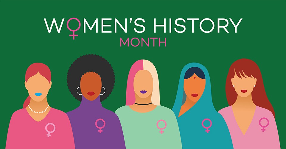 Women's History Month illustration featuring depictions of a diverse group of women in a minimalist art style.