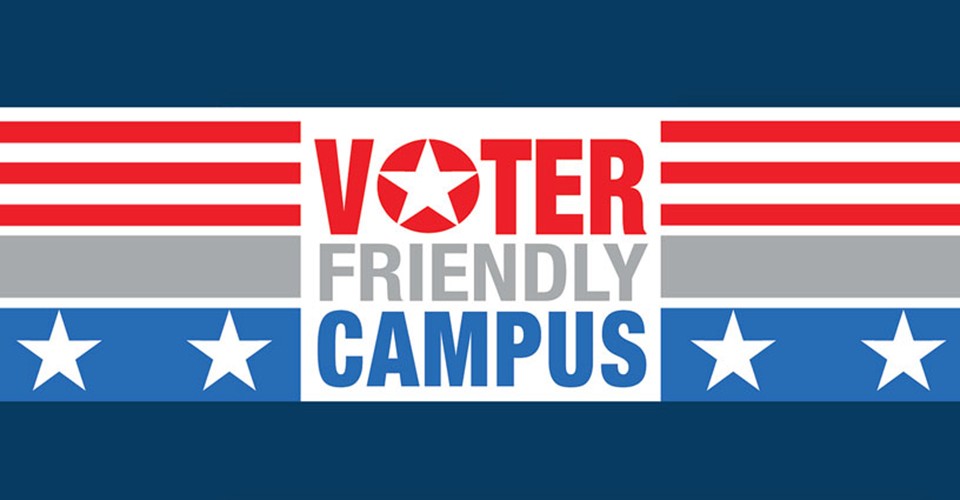 Voter Friendly Campus logo on a field of blue