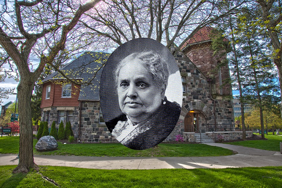 Starkweather Hall and a black and white antique photo of Mary Starkweather