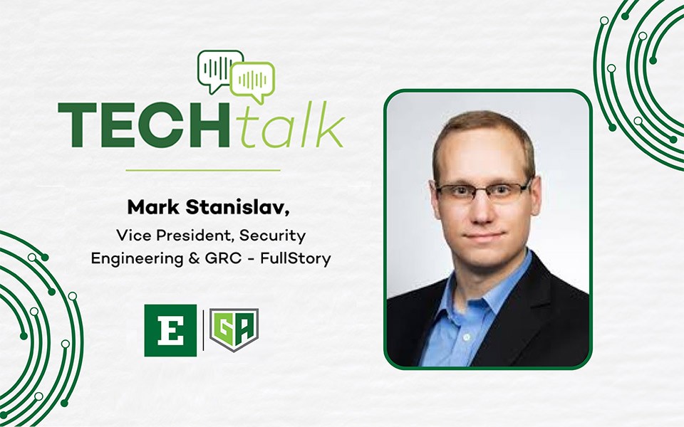 Graphic with headshot of Mark Stanislav and TechTalk logo and GameAbove College of Engineering and Technology logos.