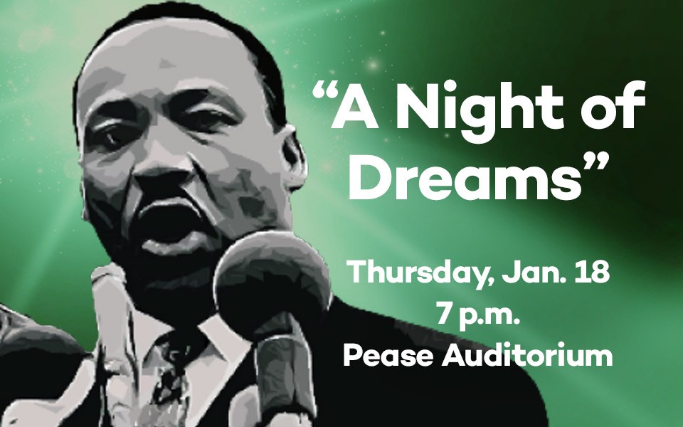 Stylized art of MLK at the microphone and a starry green background.