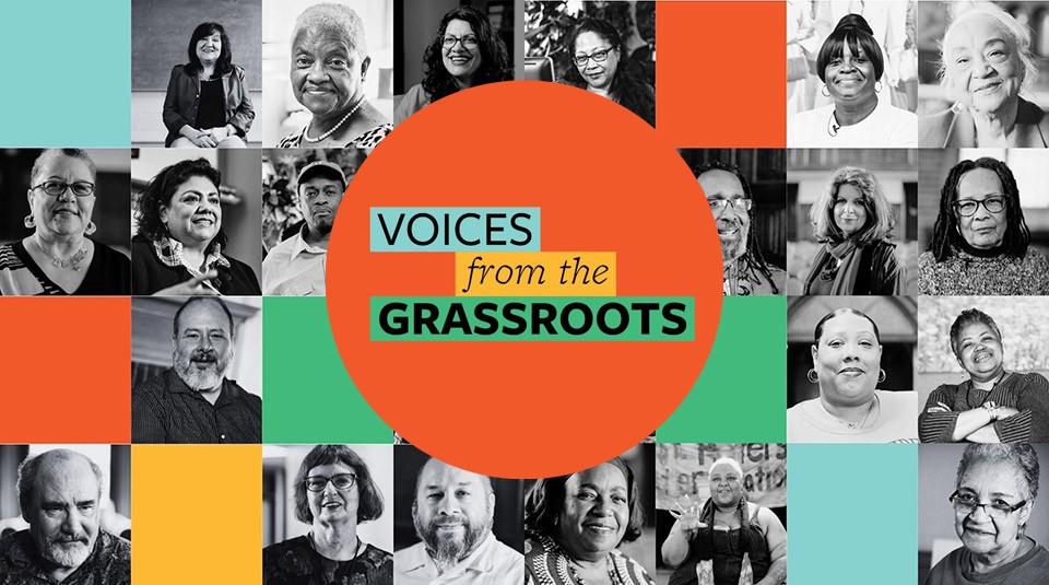 Graphic elements from the Voices from the Grassroots project with black and white portraits of some of the interviewees and color blocks.