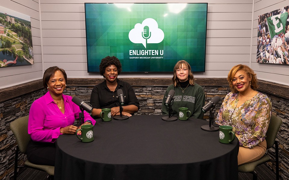 Lolita Cummings, Aesha Mustafa, Casey Lamont, and Melissa Thrasher on the set of the "Enlighten U" video podcast.