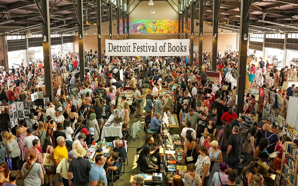 An aerial view of a past Detroit Bookfest event at Eastern Market.