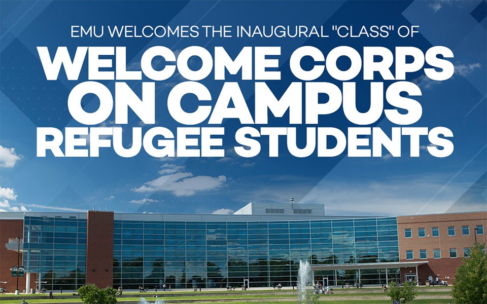 student center with welcome corps graphic