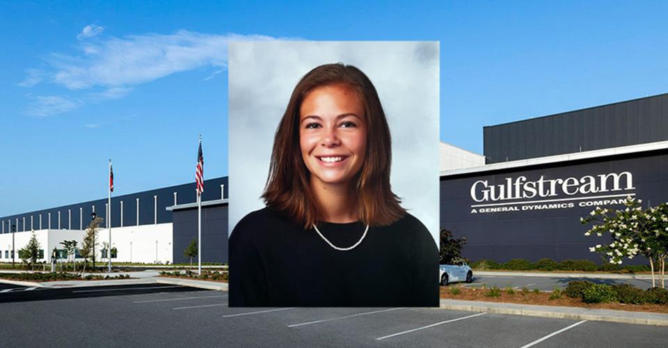 Cecilia Vesperman headshot and an exterior view of Gulfstream Aerospace