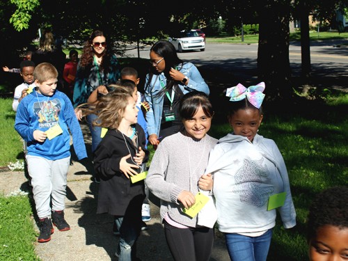 Estabrook students walk to EMU for a field trip.