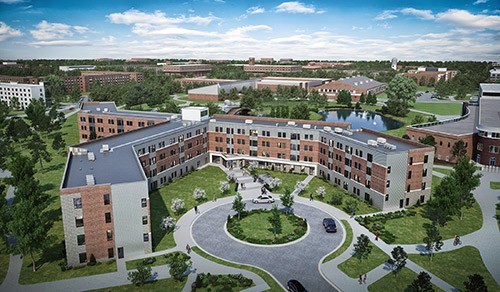 Architectural rendering of an aerial view of Lakeview student housing