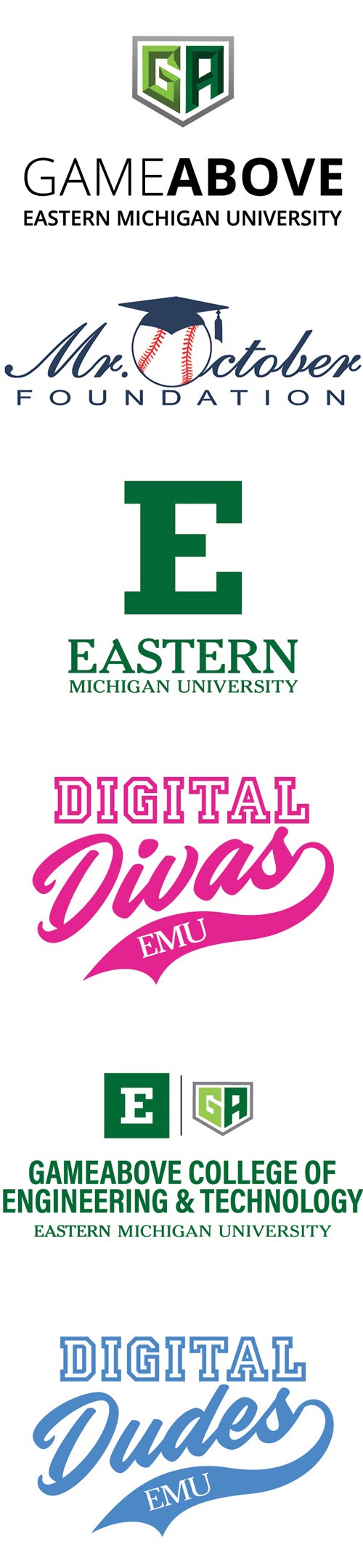 GameAbove, Mr. October, EMU, Digital Divas, EMU|GameAbove CET, and Digital Dudes logos